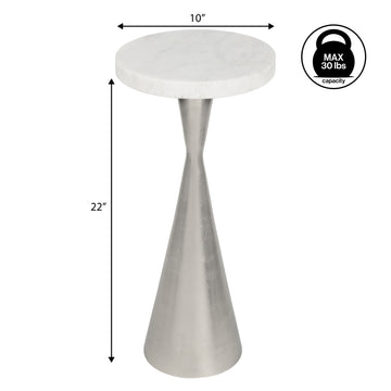 Ziggy 22" Contemporary Designer Metal Drink Table and Decorative End Table with White Marble Round Top and Cone Pedestal Base